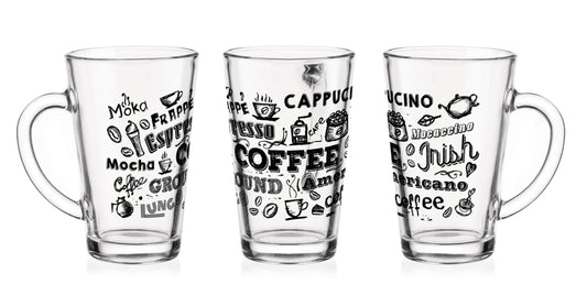 6 latte macchiato glasses 300ml with coffee print, tea glasses, coffee glasses