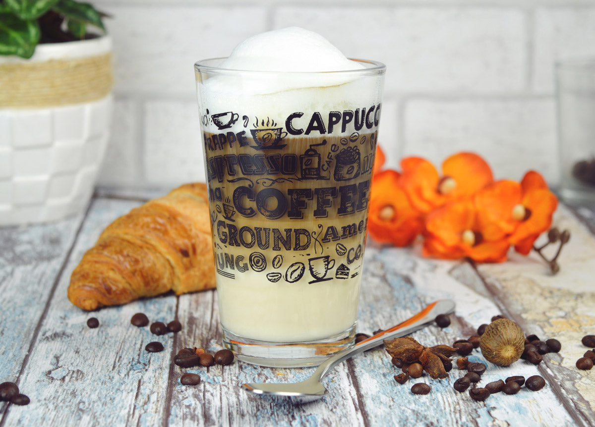 6 Kaffeegläser 300ml mit Henkel Teeglas Latte Macchiato Gläser Kaffee-Aufdruck