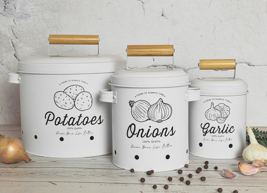 3 storage containers, potato pot, garlic pot, onion pot, storage containers, matt white