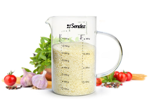 Sendez® Tasse à mesurer 1 L en verre borosilicaté Pichet doseur Aide au dosage Tasse d'un litre Aide de cuisine Récipient doseur