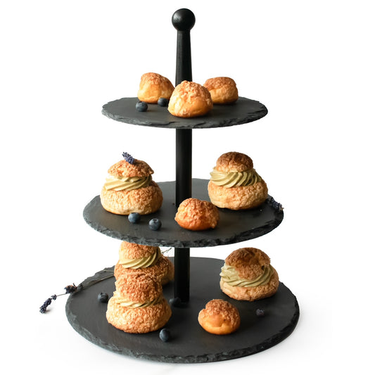 3 tier cake stand made of slate with wooden trunk, cake plate, cake stand, serving stand