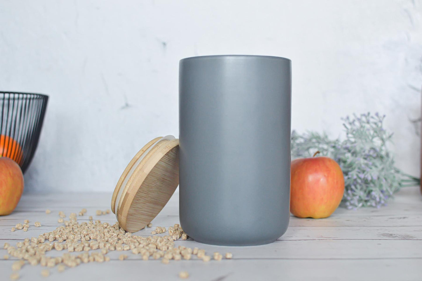Pot de conservation gris en porcelaine avec couvercle en bambou, pot de conservation, pot de conservation