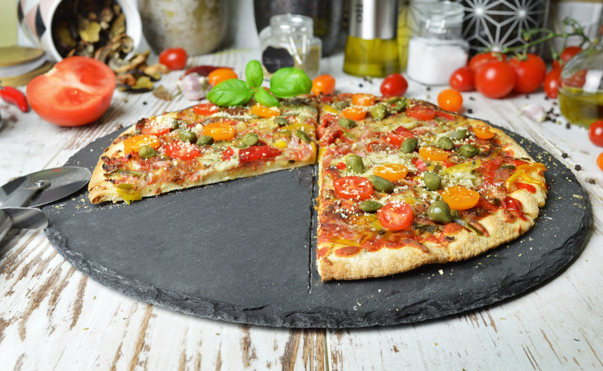 Pizzateller Set ø36cm aus Schiefer mit Pizzaschneider Pizzaschneidebre
