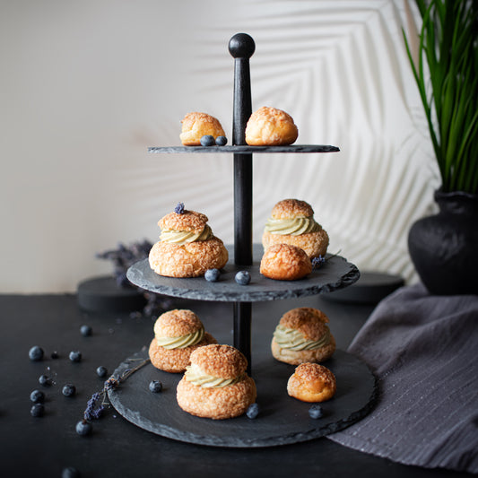 3 tier cake stand made of slate with wooden trunk, cake plate, cake stand, serving stand