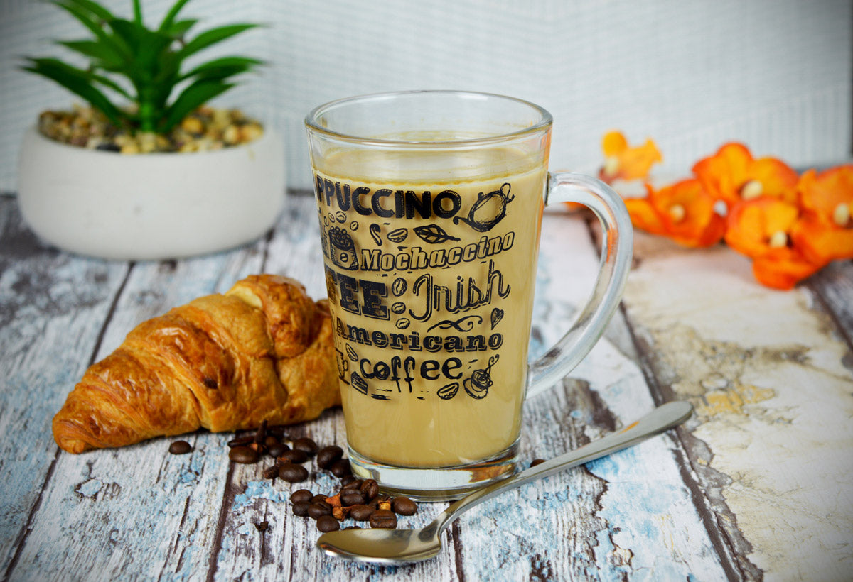 6 Kaffeegläser 300ml mit Henkel Teeglas Latte Macchiato Gläser Kaffee-Aufdruck