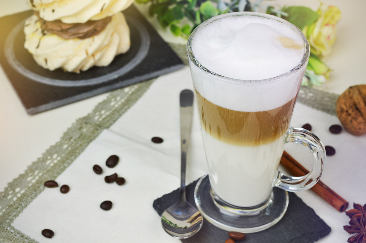 6 latte macchiato glasses 280ml with handle and 6 spoons, tea/coffee glasses