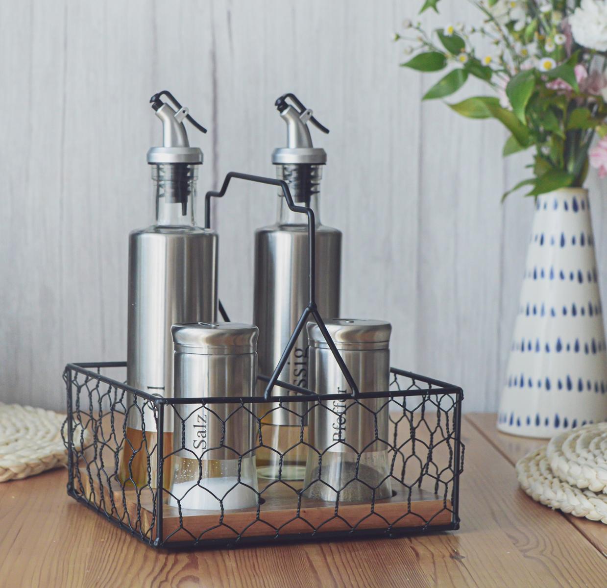 5 pcs. Cruet set with basket salt &amp; pepper shaker oil dispenser vinegar dispenser stainless steel