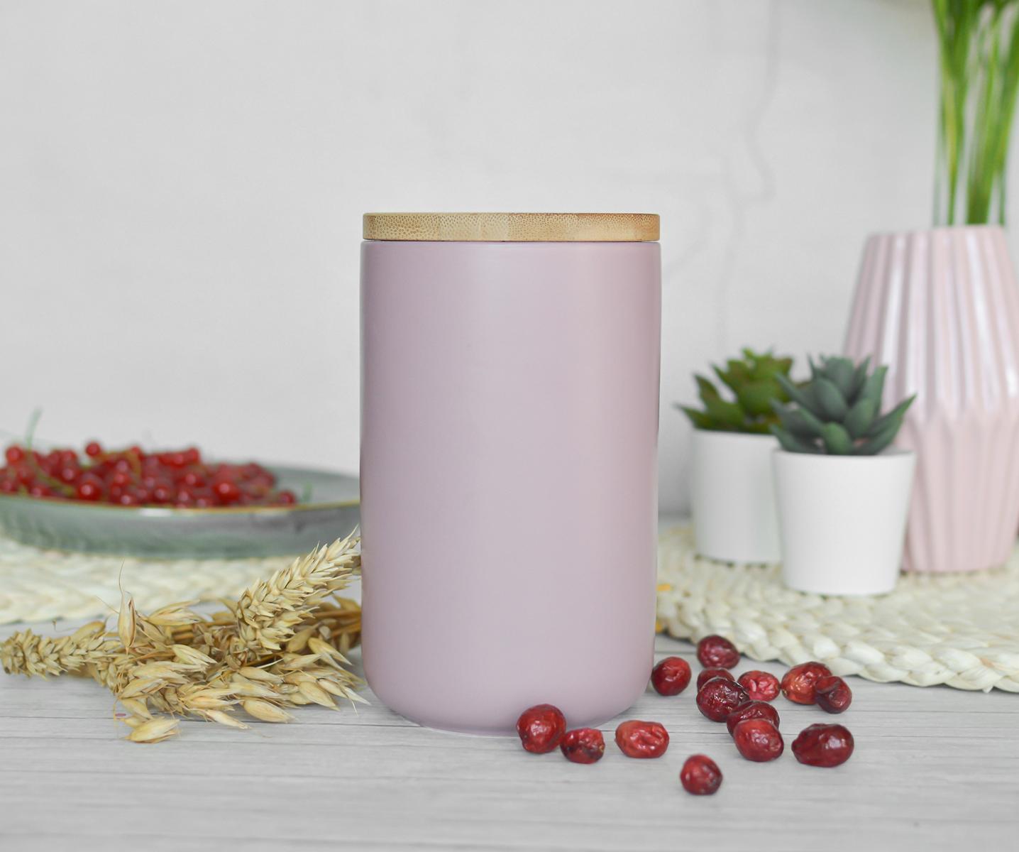 Pot de conservation en porcelaine rose avec couvercle en bambou, récipient de conservation, pot de conservation, récipient de conservation