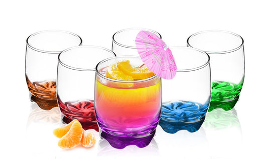 6 drinking glasses with colorful bases 250ml, soft/long drink/juice glasses