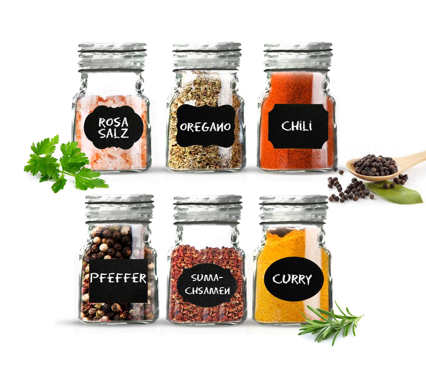 6 storage jars with chalkboard field, jam jars, spice jars, storage container