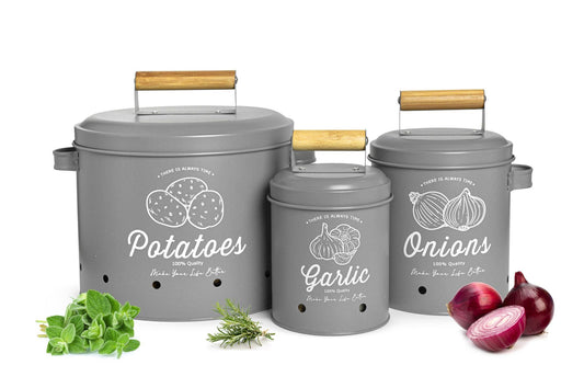 3 storage containers, potato pot, garlic pot, onion pot, storage containers, matt gray