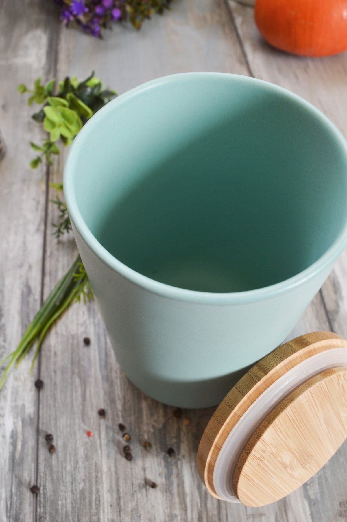 Pot de rangement avec couvercle en bois, récipient de rangement en céramique turquoise, pot en céramique