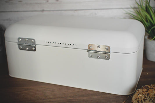 Large metal bread bin in a retro look, rolling bread bin, bread bin, white