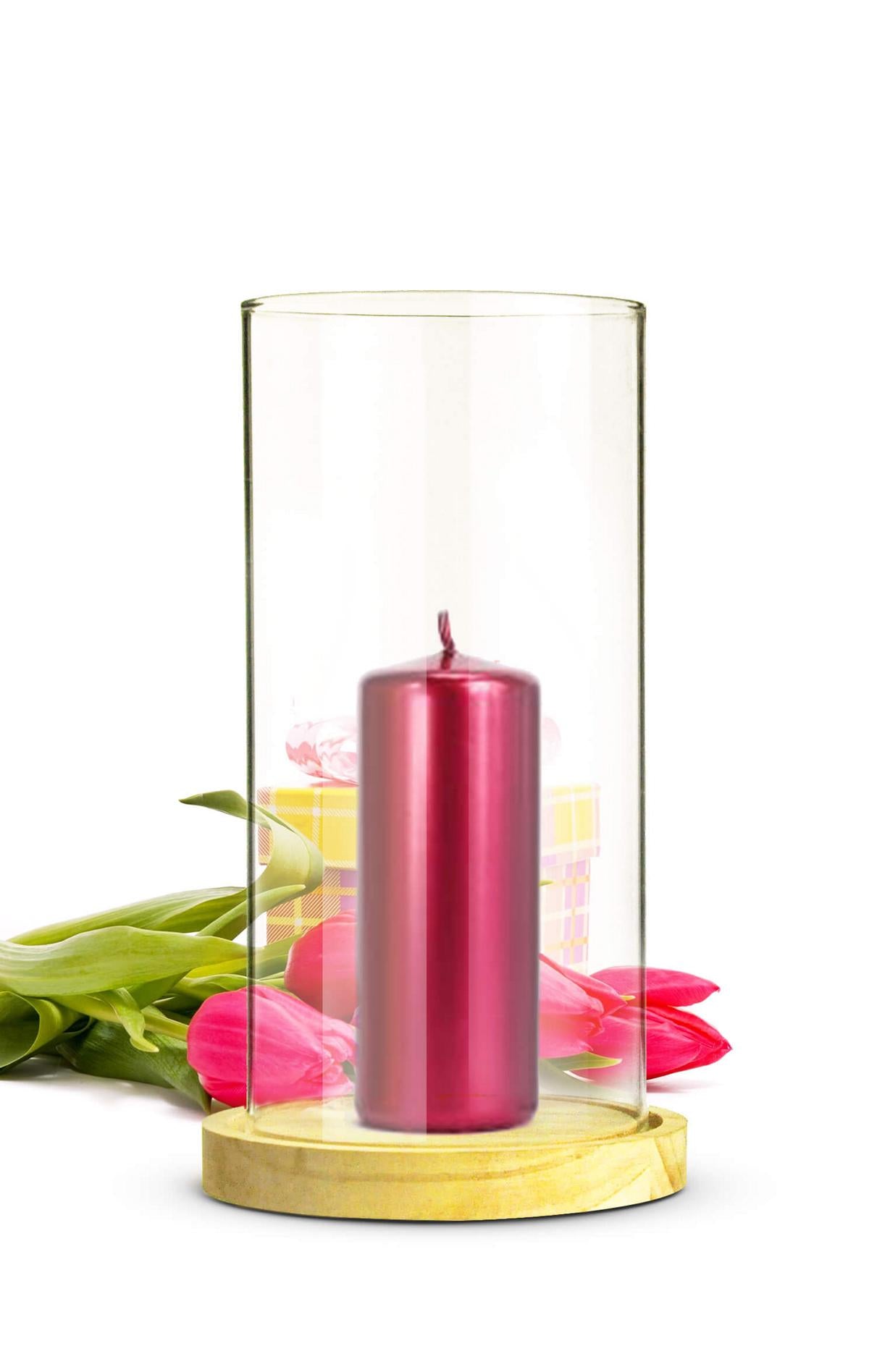 Windlicht Glaszylinder mit Holzteller Kerzenhalter Tischdeko Kerzenständer Laterne