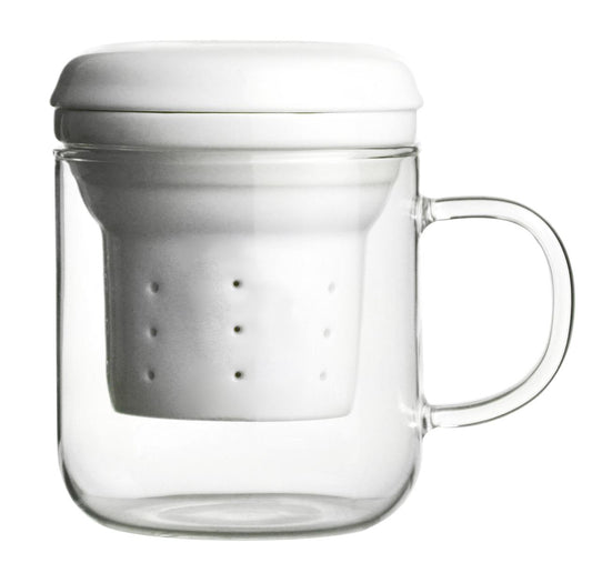 Tea glass with porcelain tea strainer, tea filter, tea maker, tea mug, tea cup