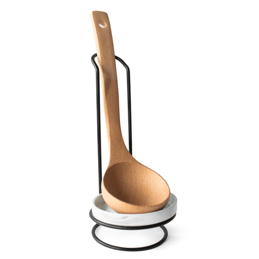 Kitchen spoon holder with porcelain bowl and wooden spoon, cooking spoon rest, cooking spoon stand