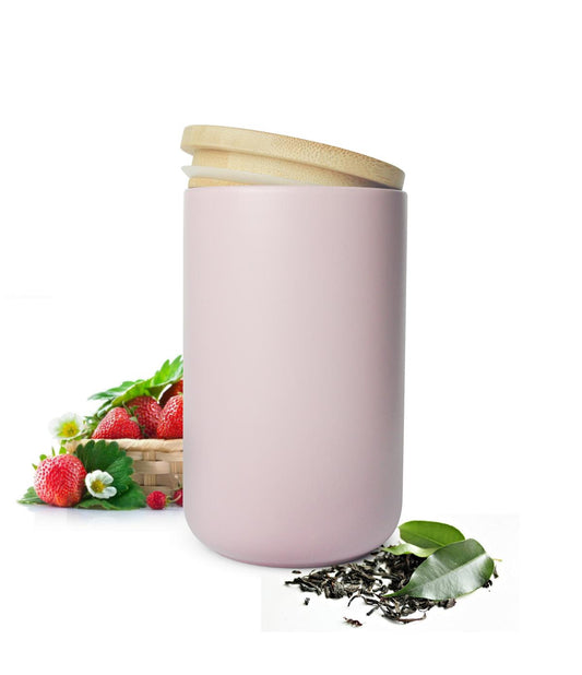 Pink porcelain storage jar with bamboo lid, storage container, storage jar, storage container