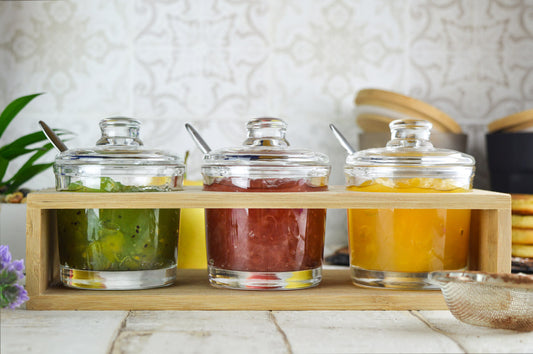 3 pots à épices avec boîte en bois et cuillères, pots à épices, pots à parmesan, ensemble de pots à confiture, pot à miel, pot à sucre, pot à sel, pot de conservation