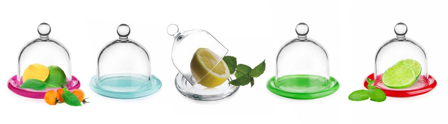 Glashaube mit Teller 9,5cm Glasglocke Zitronenglocke Zwiebelglocke Glasdom 6 Varianten